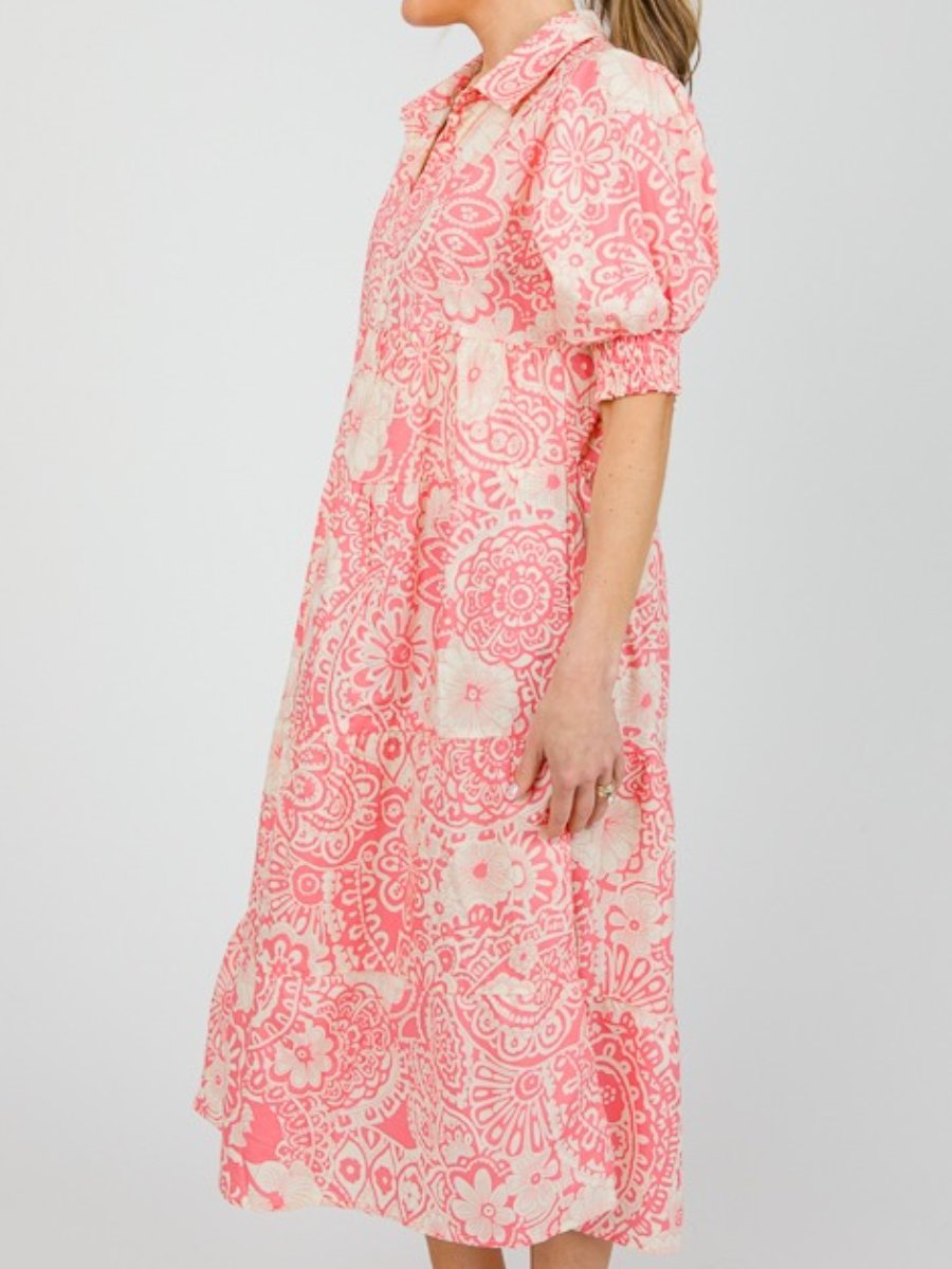 Coral Printed Midi Dress