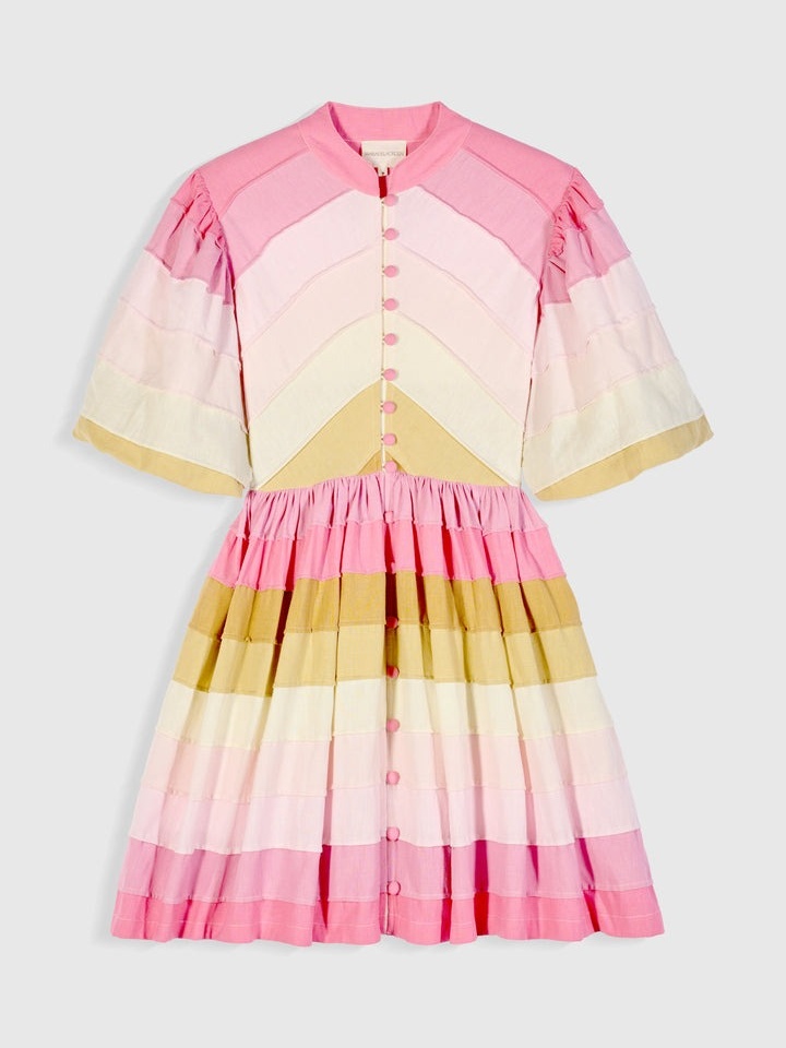 Pink And White Colorblocked Button Front Mini Dress