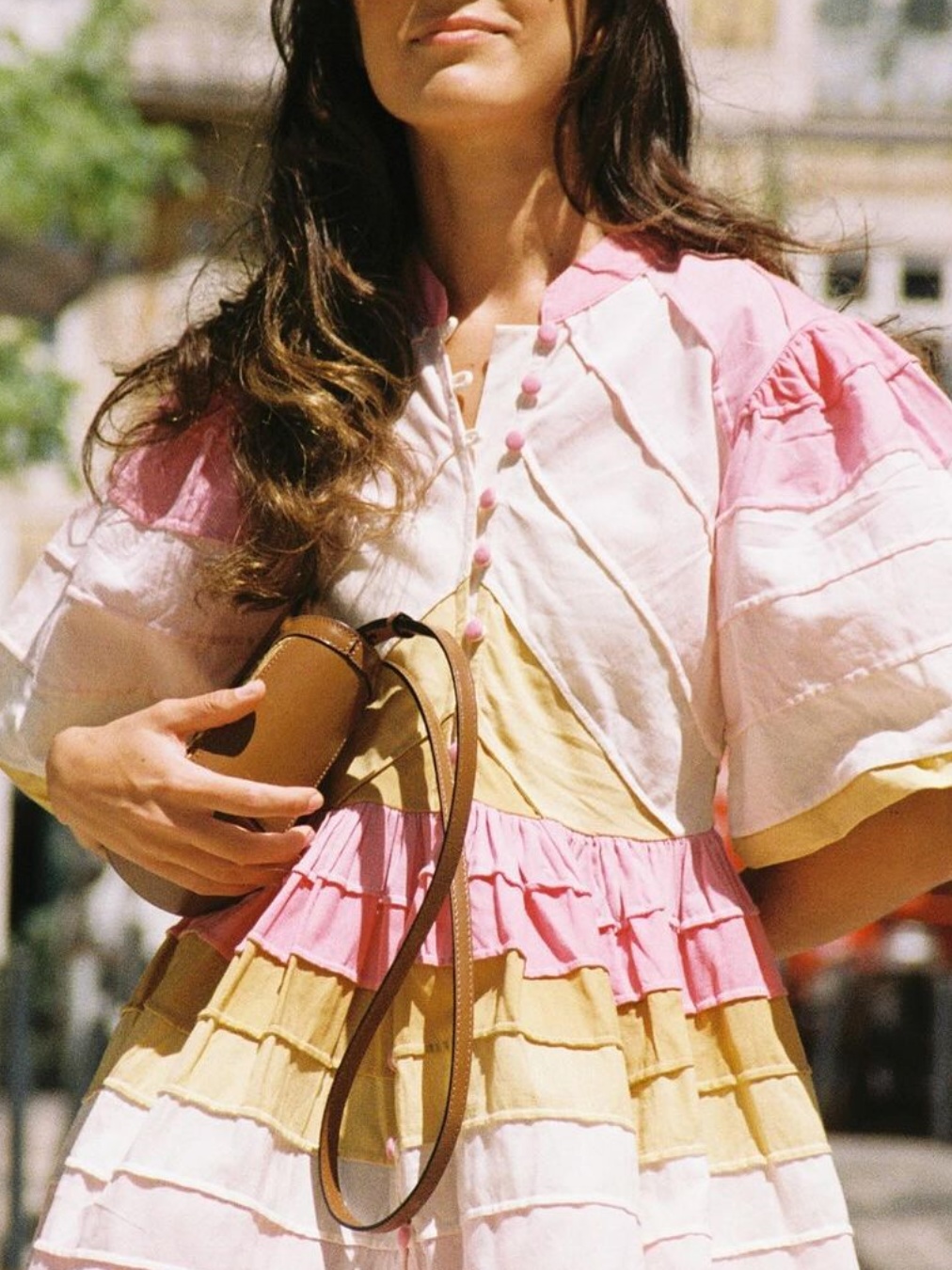 Pink And White Colorblocked Button Front Mini Dress