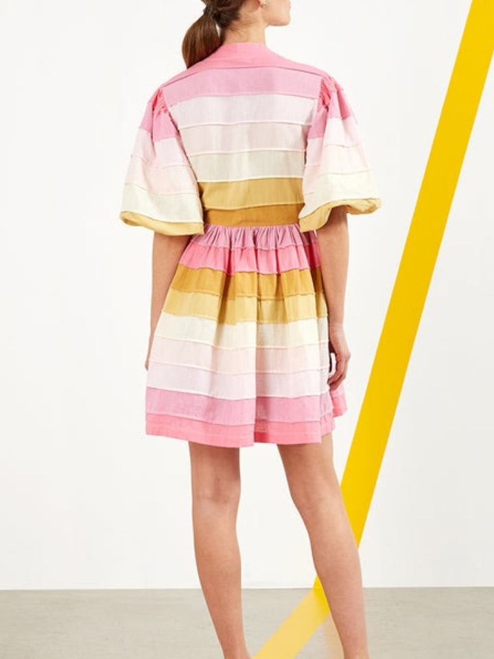 Pink And White Colorblocked Button Front Mini Dress