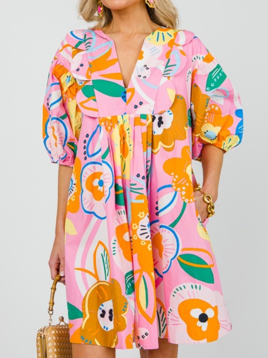 Orange And Pink Printed Mini Dress