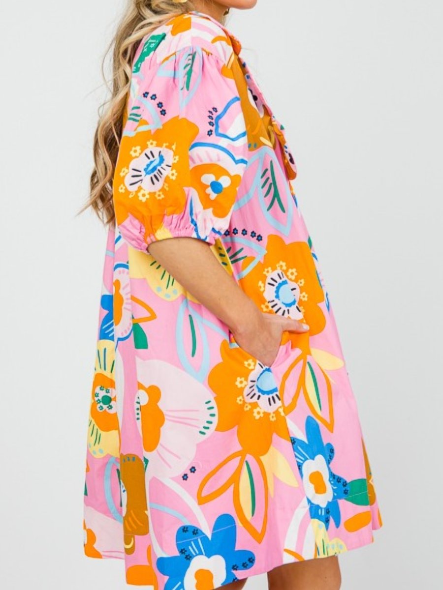 Orange And Pink Printed Mini Dress