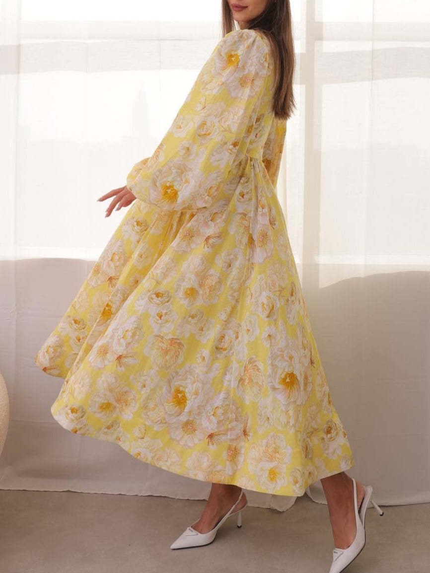 Deep V-neck Lantern Sleeve Printed High Waist Slim Dress
