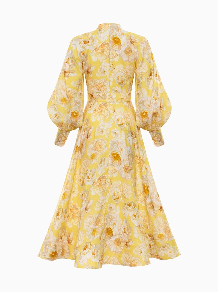 Bubble Sleeve Button-Neck Midi Dress