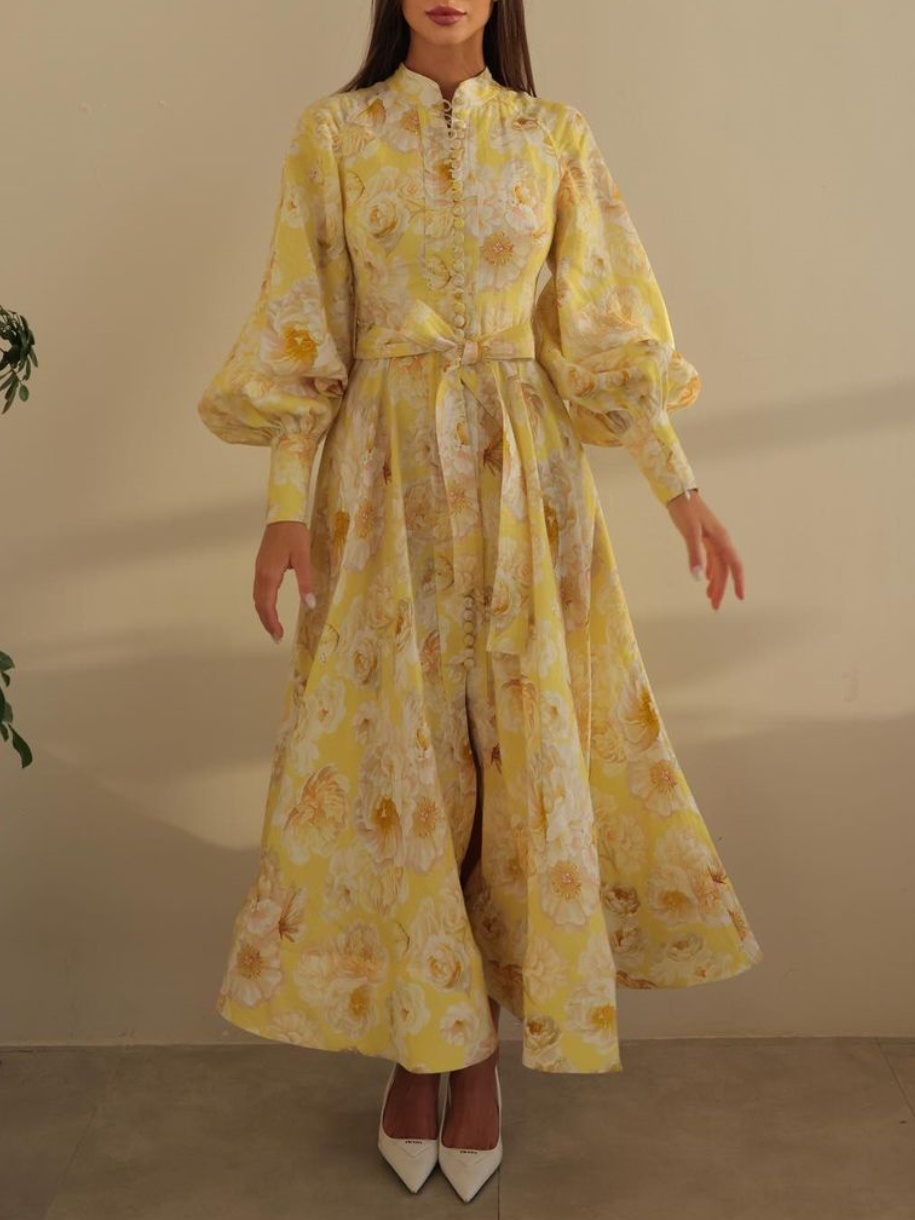 Bubble Sleeve Button-Neck Midi Dress