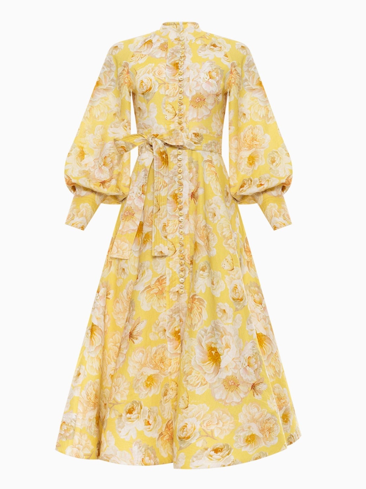 Bubble Sleeve Button-Neck Midi Dress