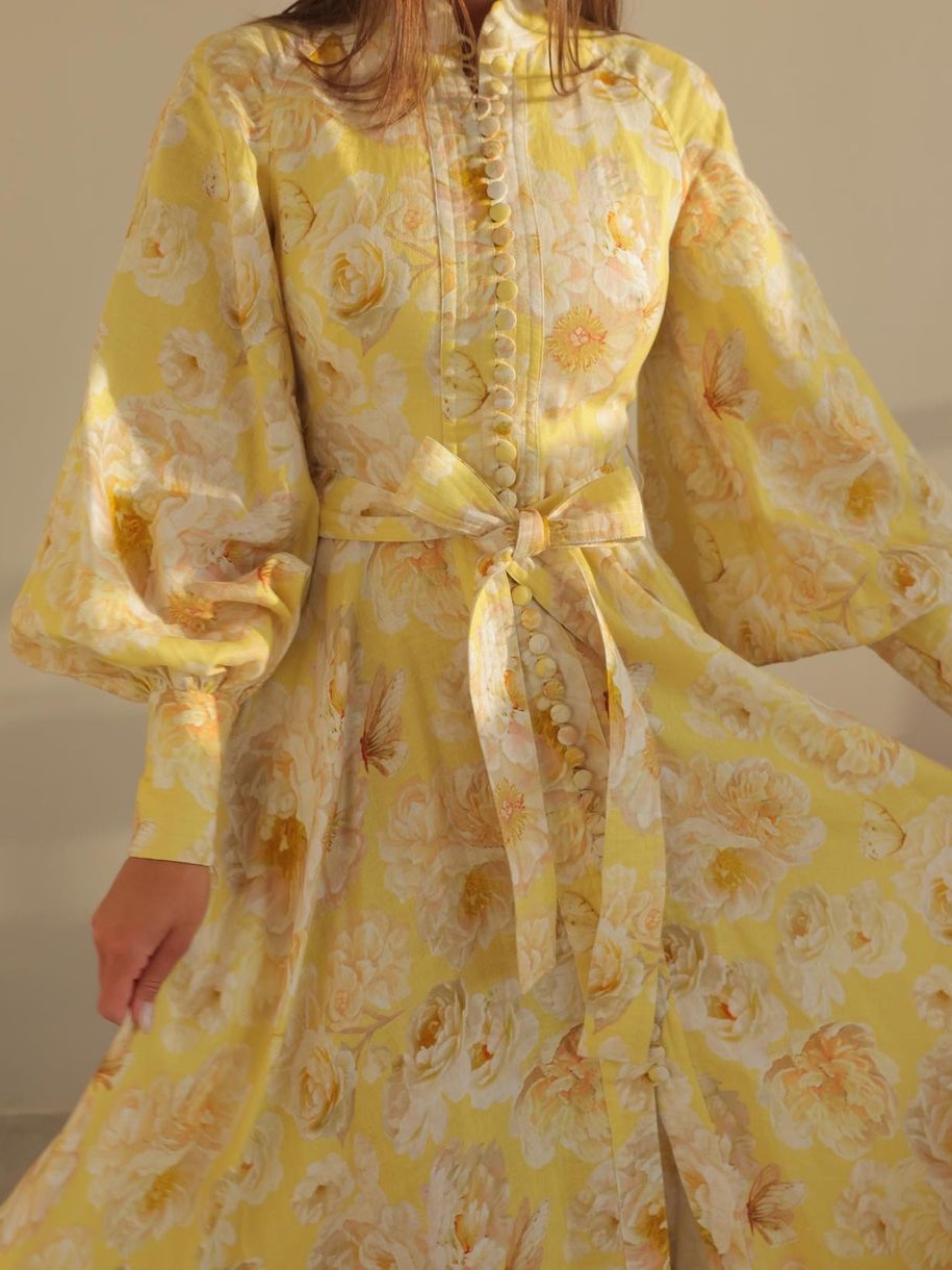 Bubble Sleeve Button-Neck Midi Dress