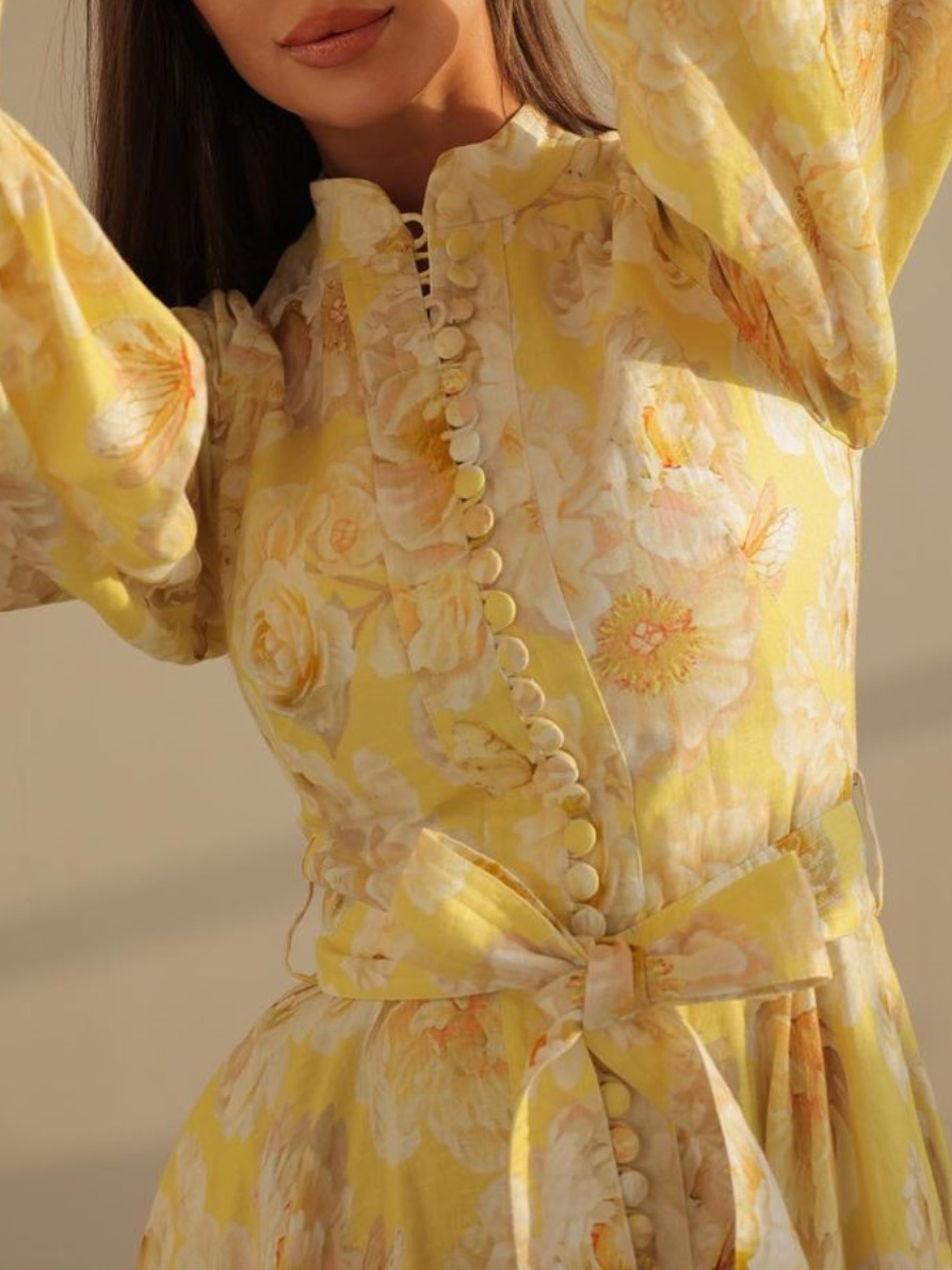 Bubble Sleeve Button-Neck Midi Dress