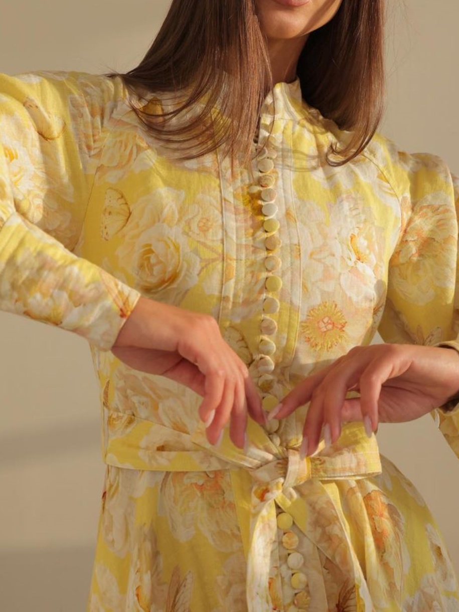 Bubble Sleeve Button-Neck Midi Dress