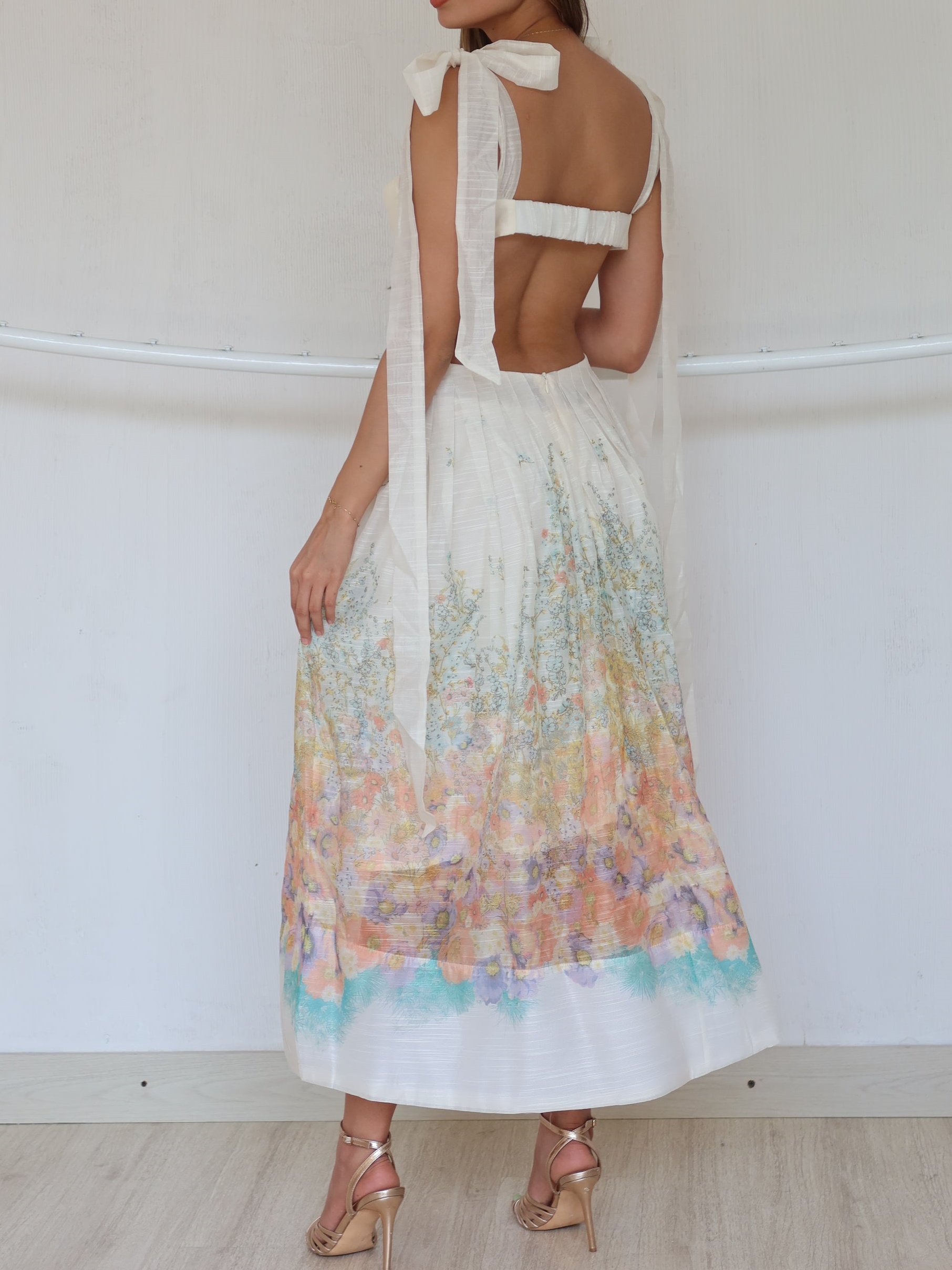 Shoulder Tie Waistless Printed Midi Dress