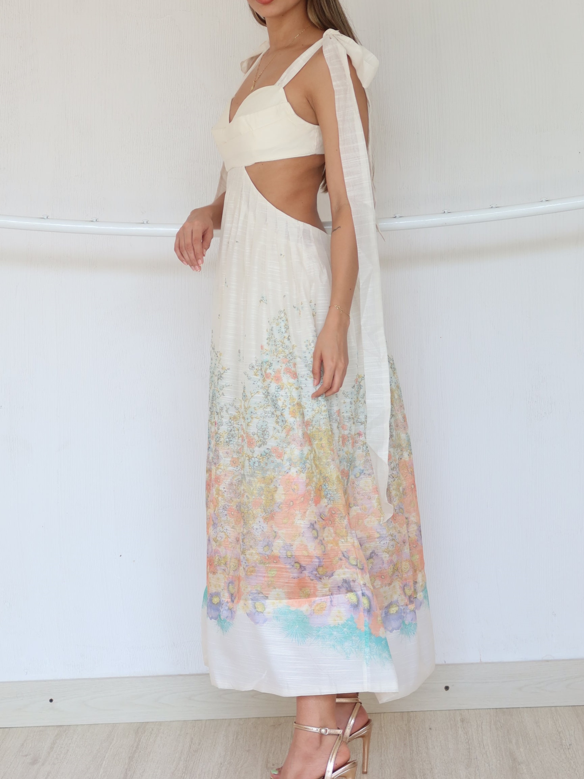 Shoulder Tie Waistless Printed Midi Dress