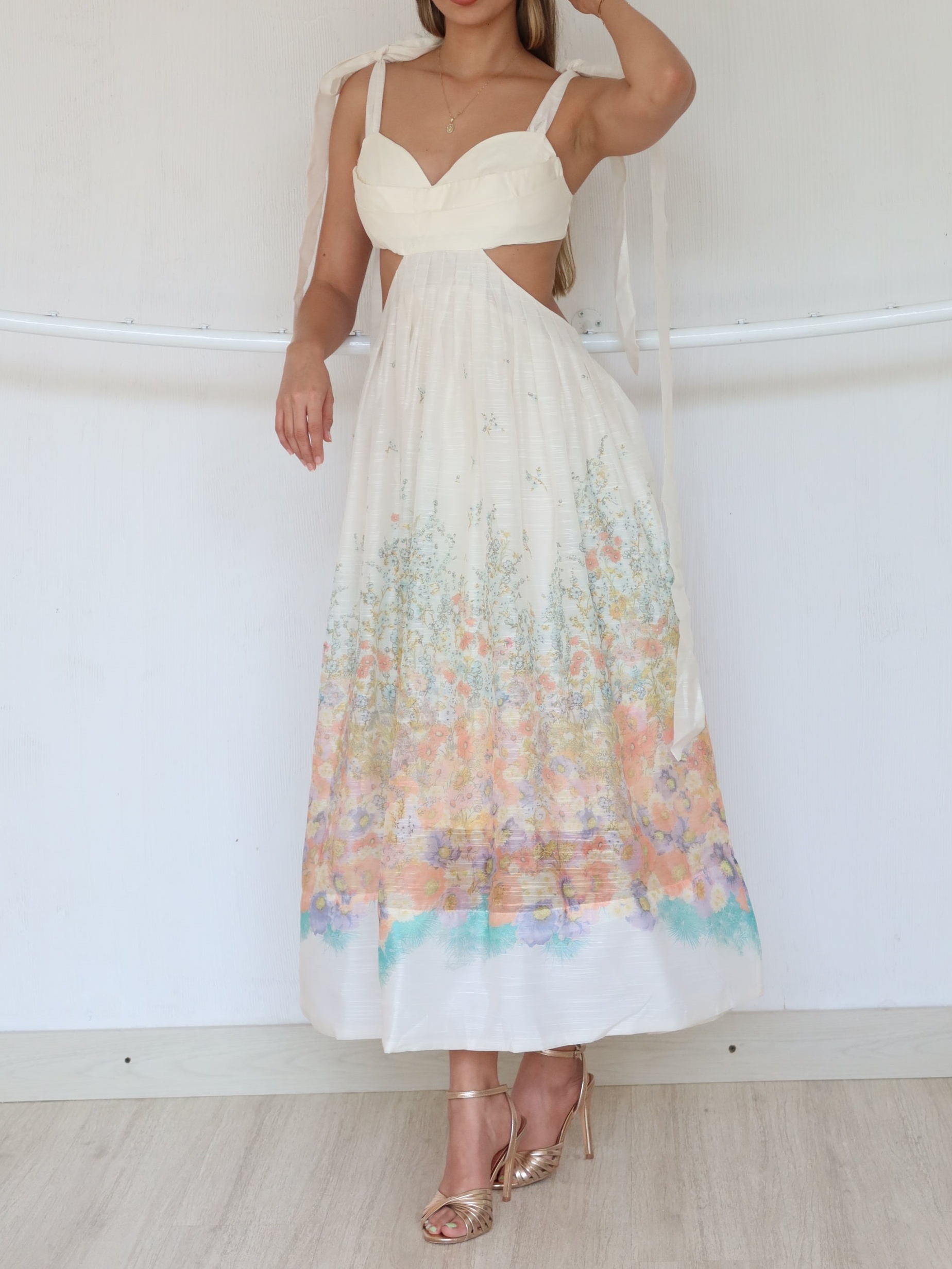 Shoulder Tie Waistless Printed Midi Dress