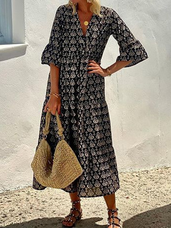 Half Sleeve V-Neck Midi Dress