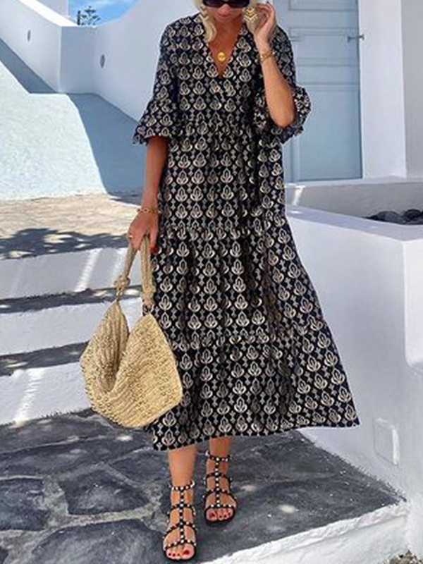 Half Sleeve V-Neck Midi Dress