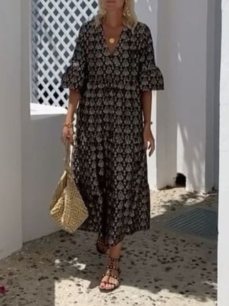 Half Sleeve V-Neck Midi Dress