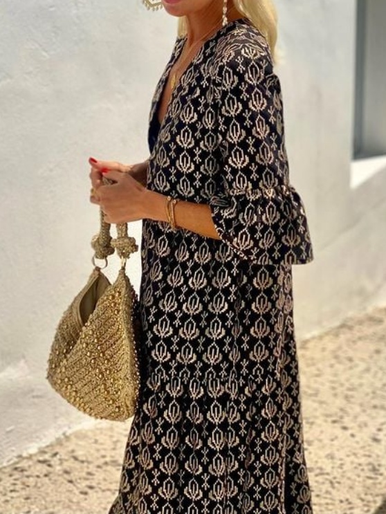 Half Sleeve V-Neck Midi Dress