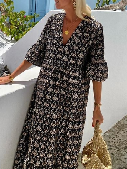 Half Sleeve V-Neck Midi Dress