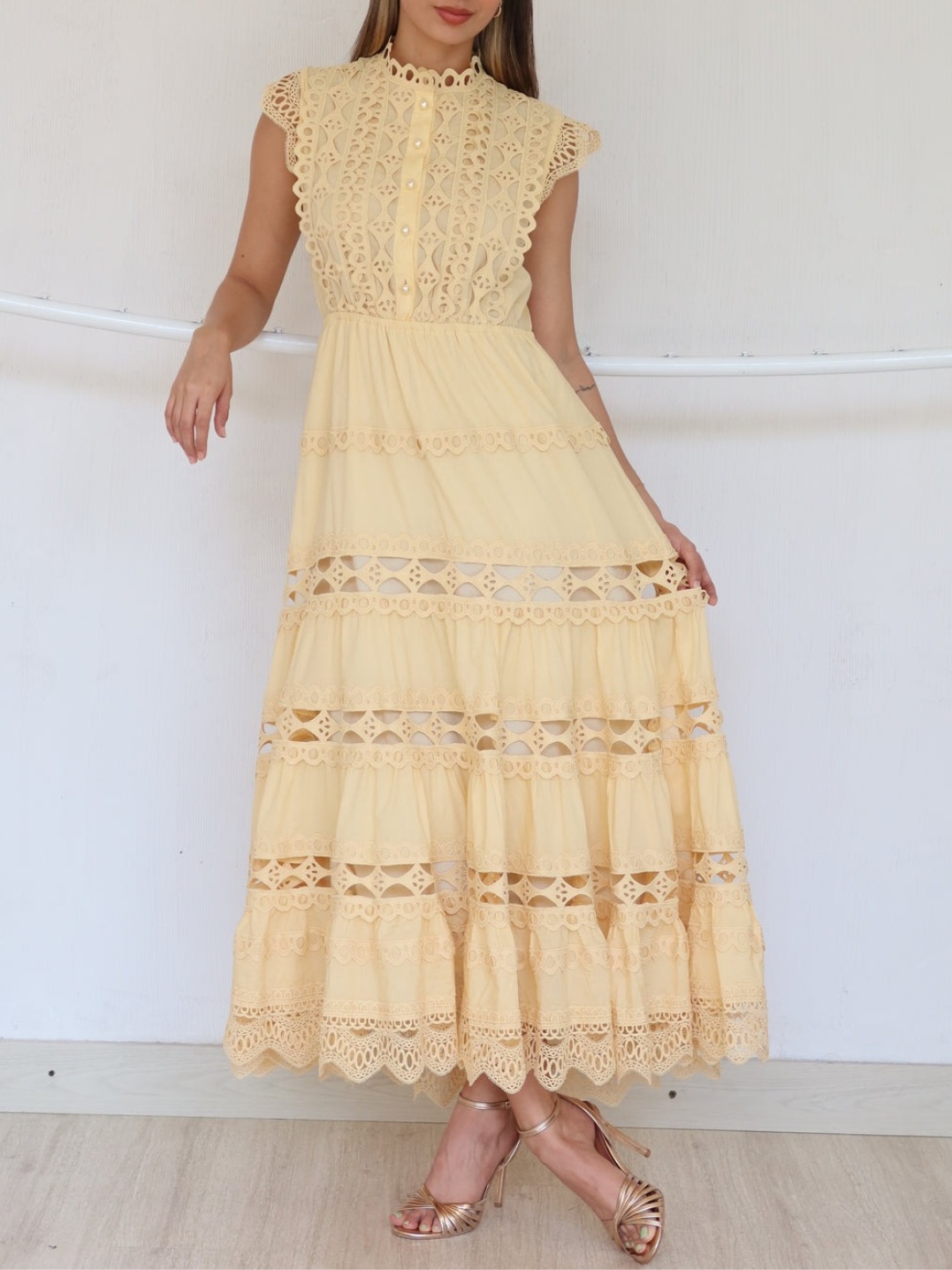 Standing Collar Fly Sleeve Waisted Maxi Dress