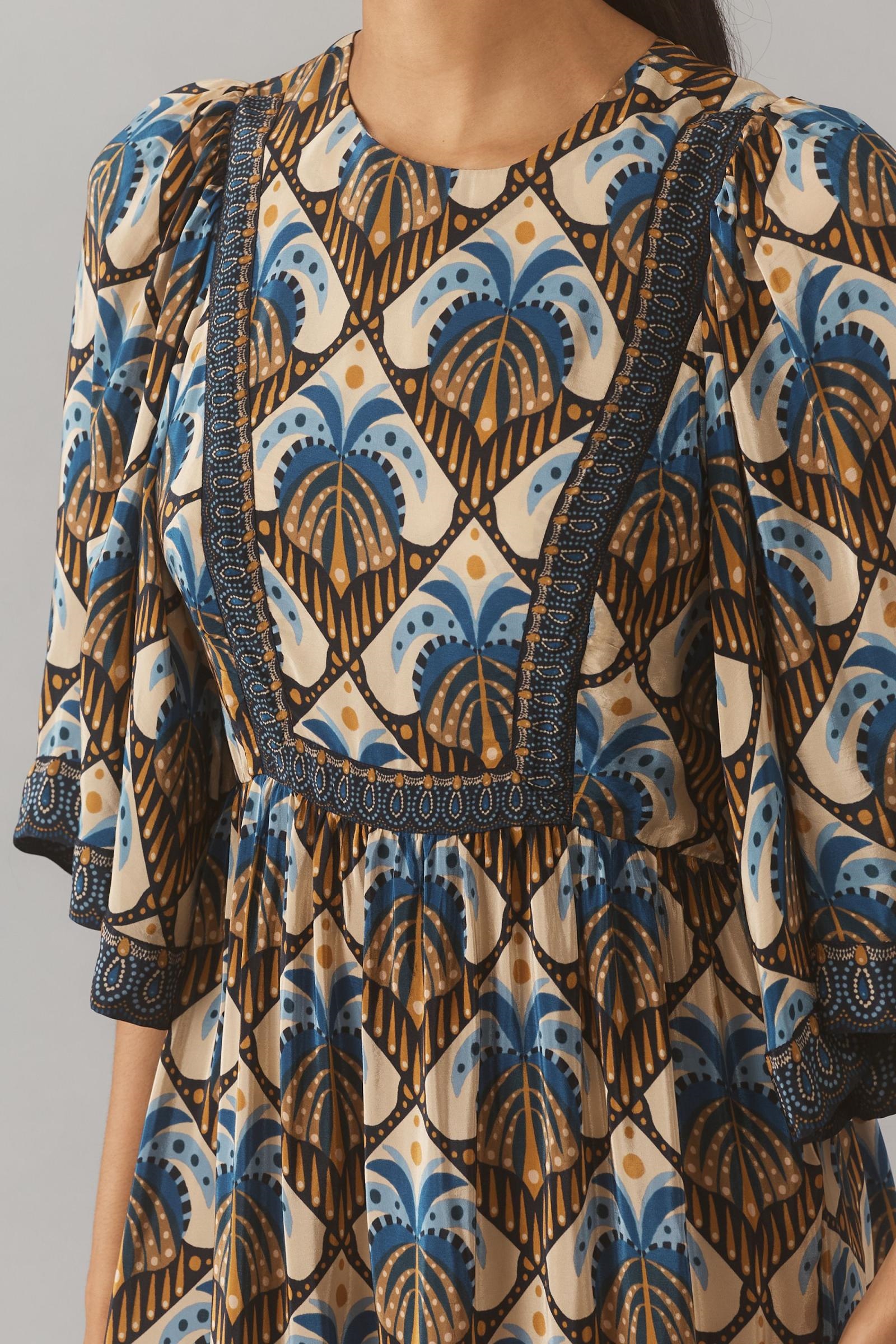 Wide Sleeve Printed Midi Dress In Brown