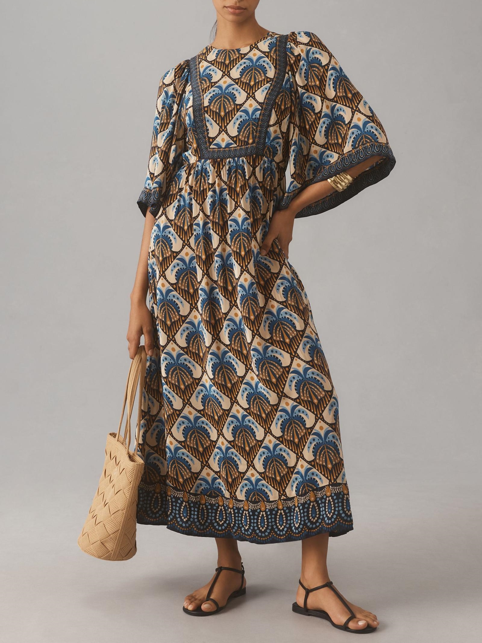 Wide Sleeve Printed Midi Dress In Brown