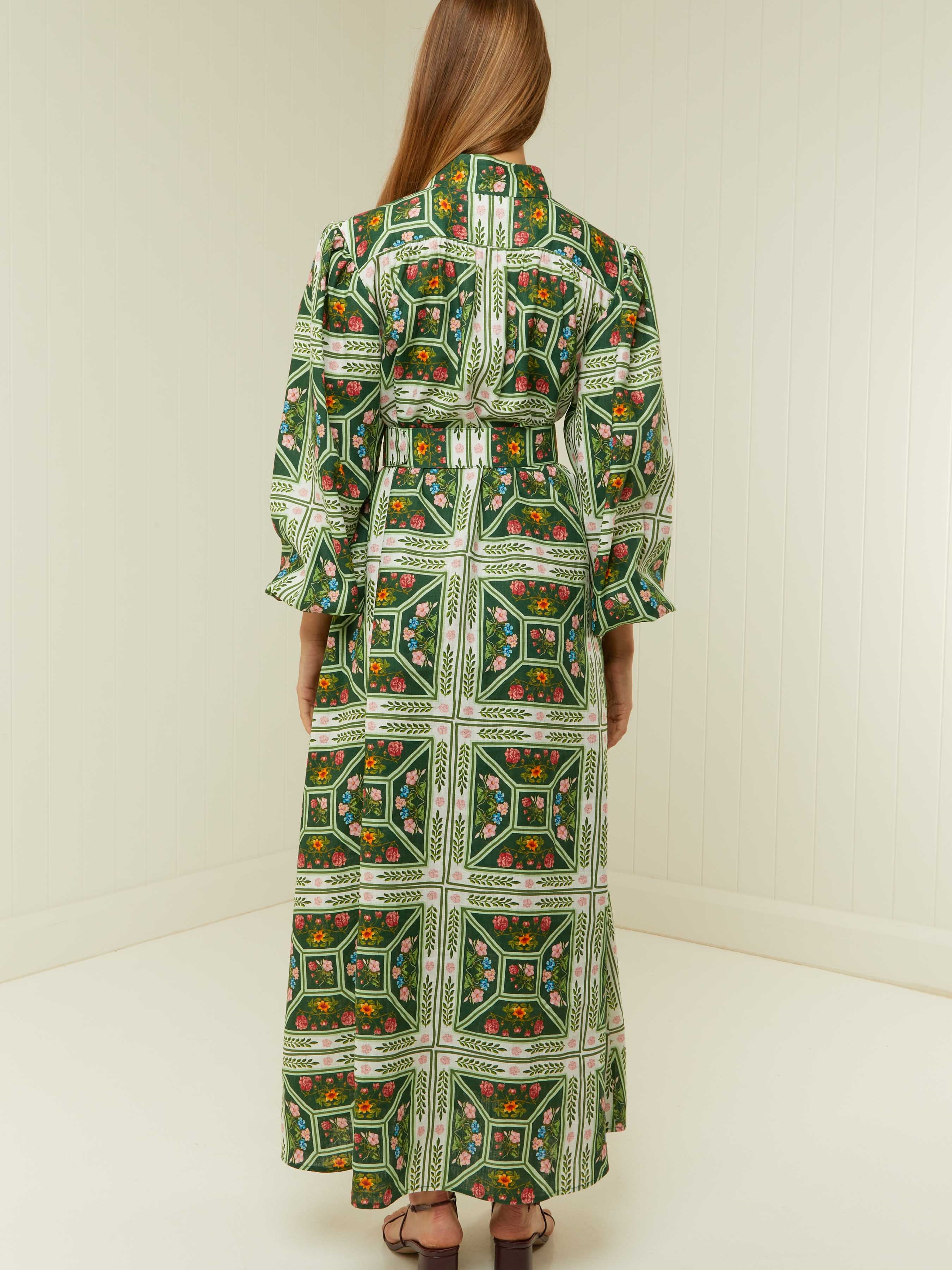 Palm Tree Printed Bubble Sleeve Long Dress With Belt