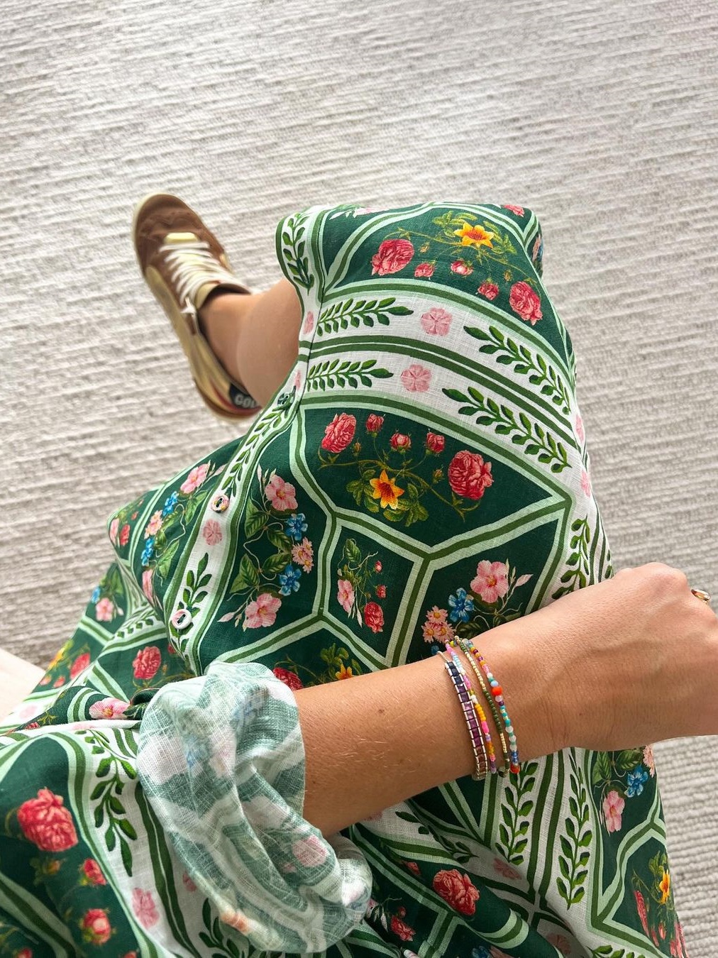 Palm Tree Printed Bubble Sleeve Long Dress With Belt