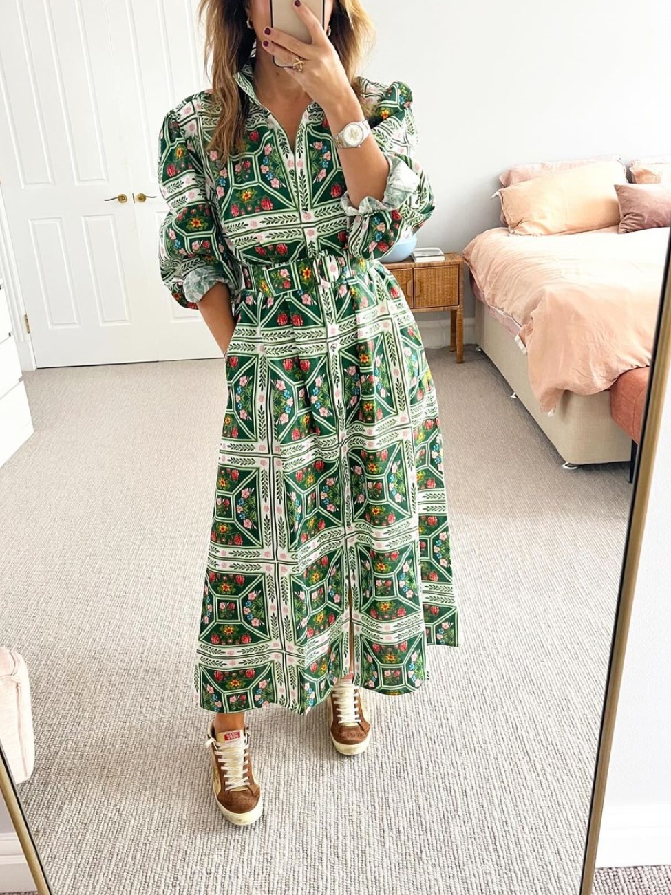 Palm Tree Printed Bubble Sleeve Long Dress With Belt