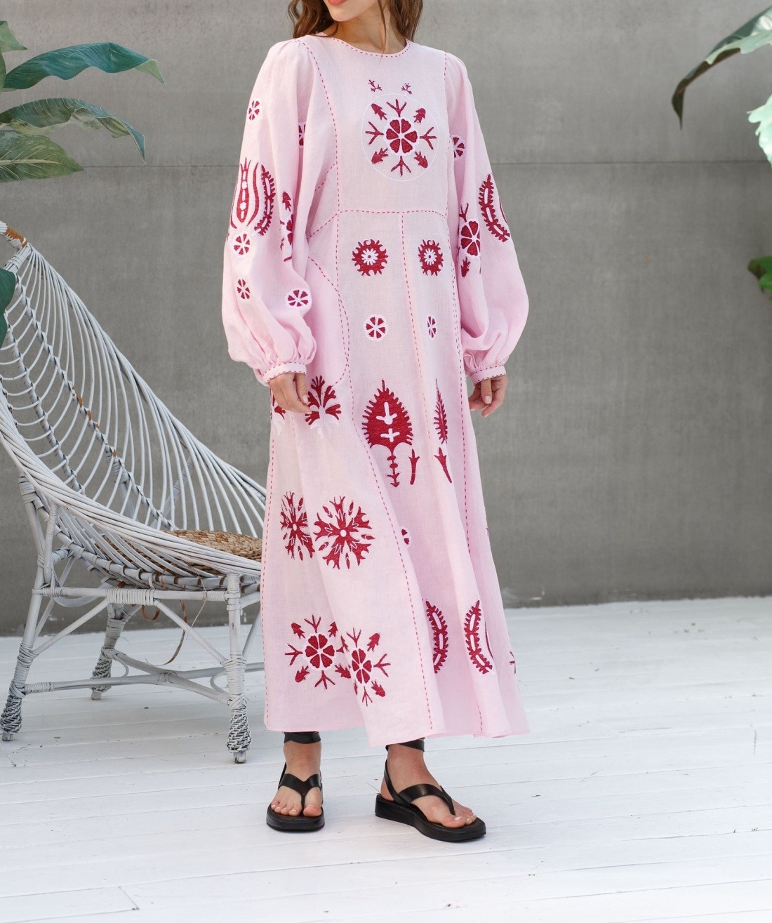 Pink Embroidered Linen Midi Dress