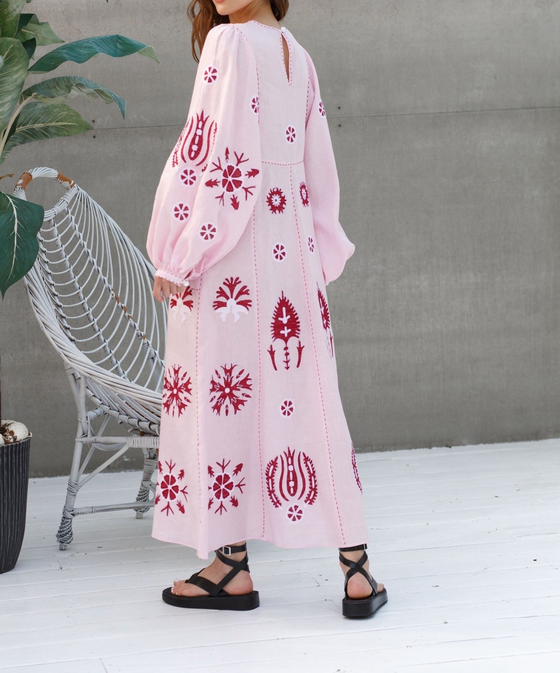 Pink Embroidered Linen Midi Dress