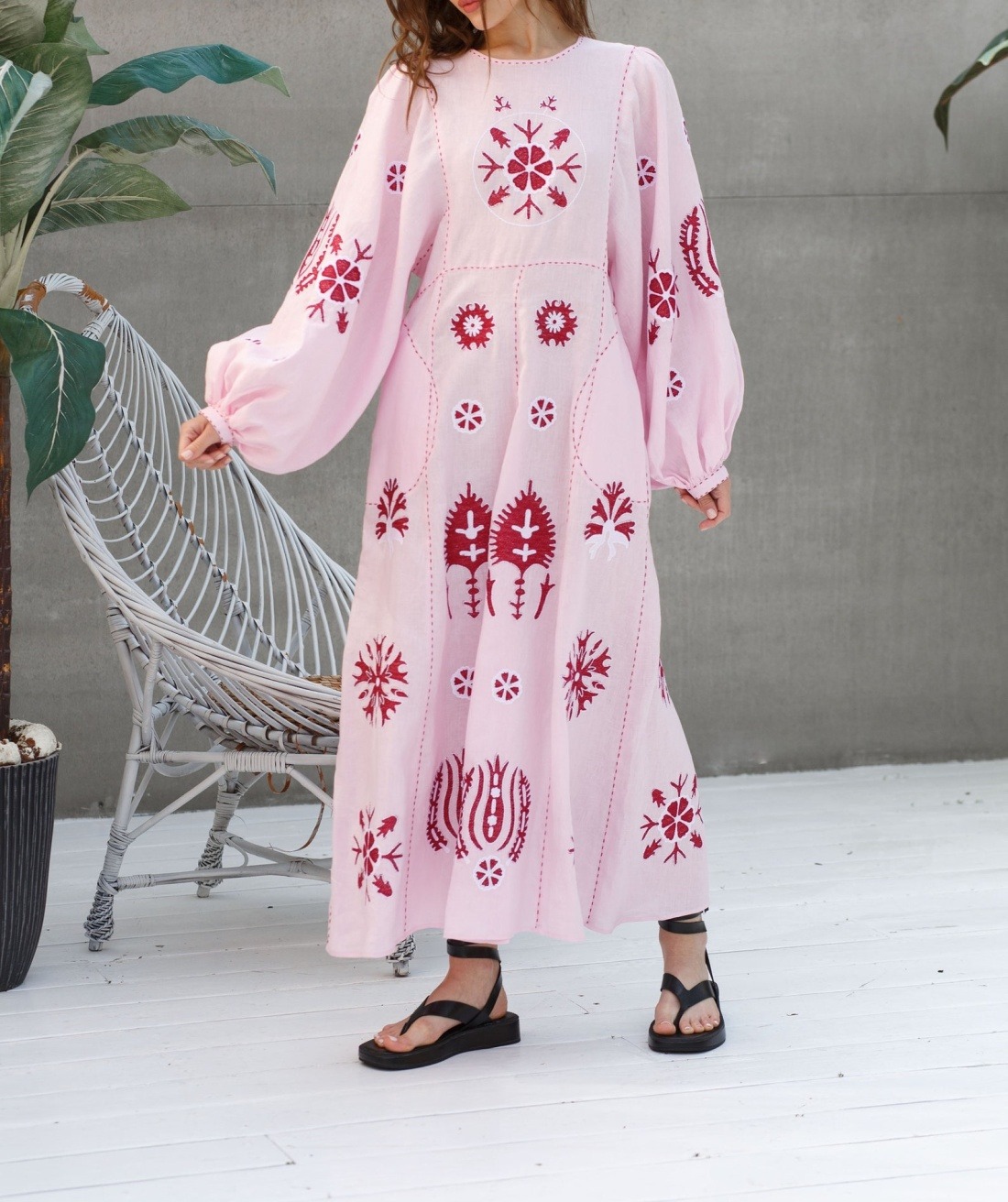 Pink Embroidered Linen Midi Dress