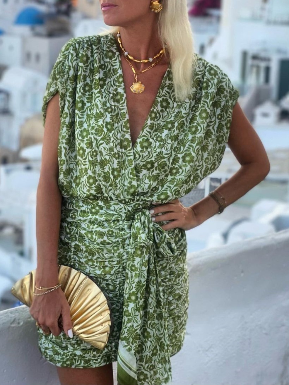 V-neck Green Printed Pleated Mini Dress