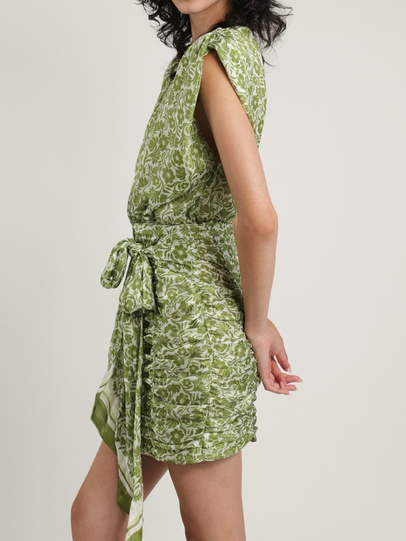 V-neck Green Printed Pleated Mini Dress