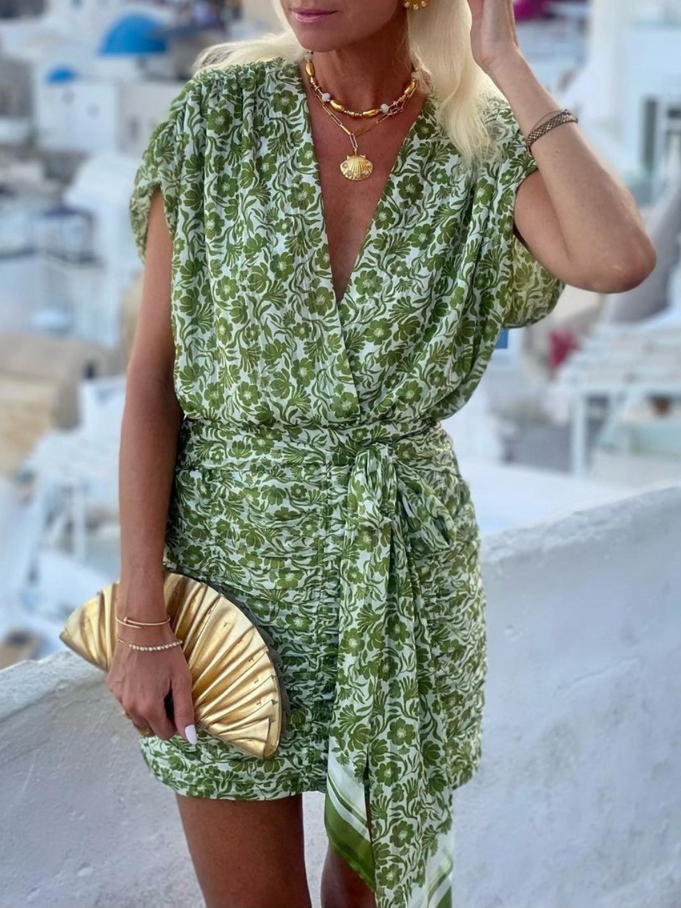V-neck Green Printed Pleated Mini Dress