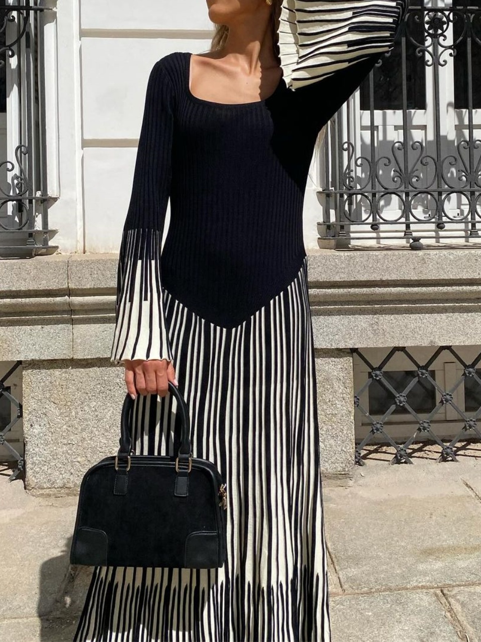 Black Patchwork Knit Dress