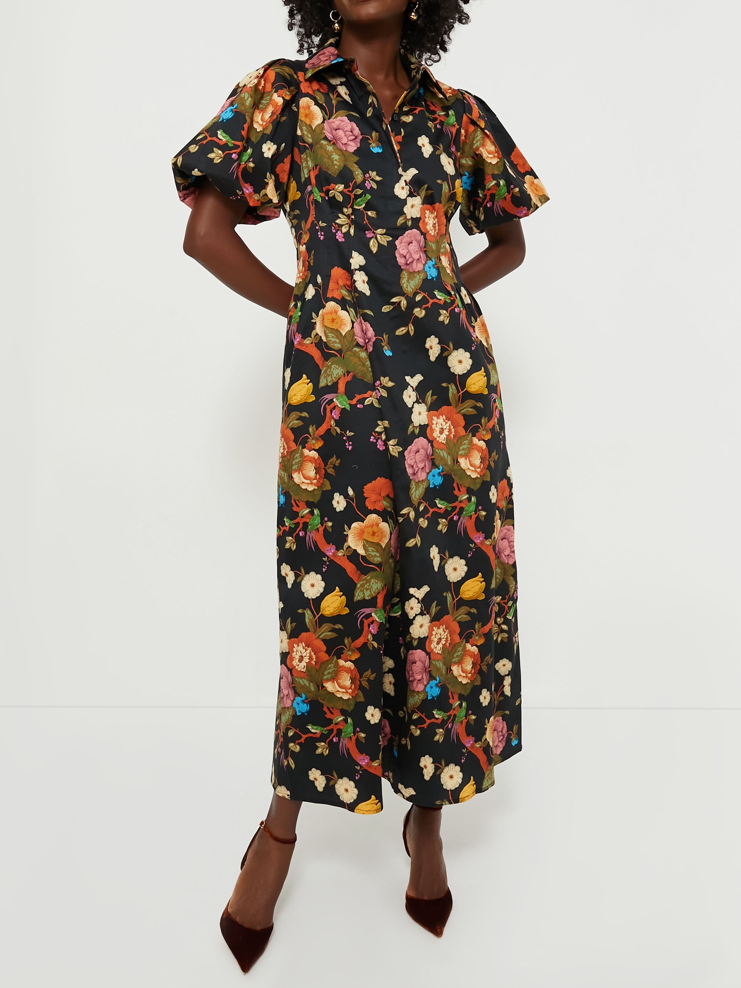 Bubble Short Sleeve Waisted Floral Midi Dress