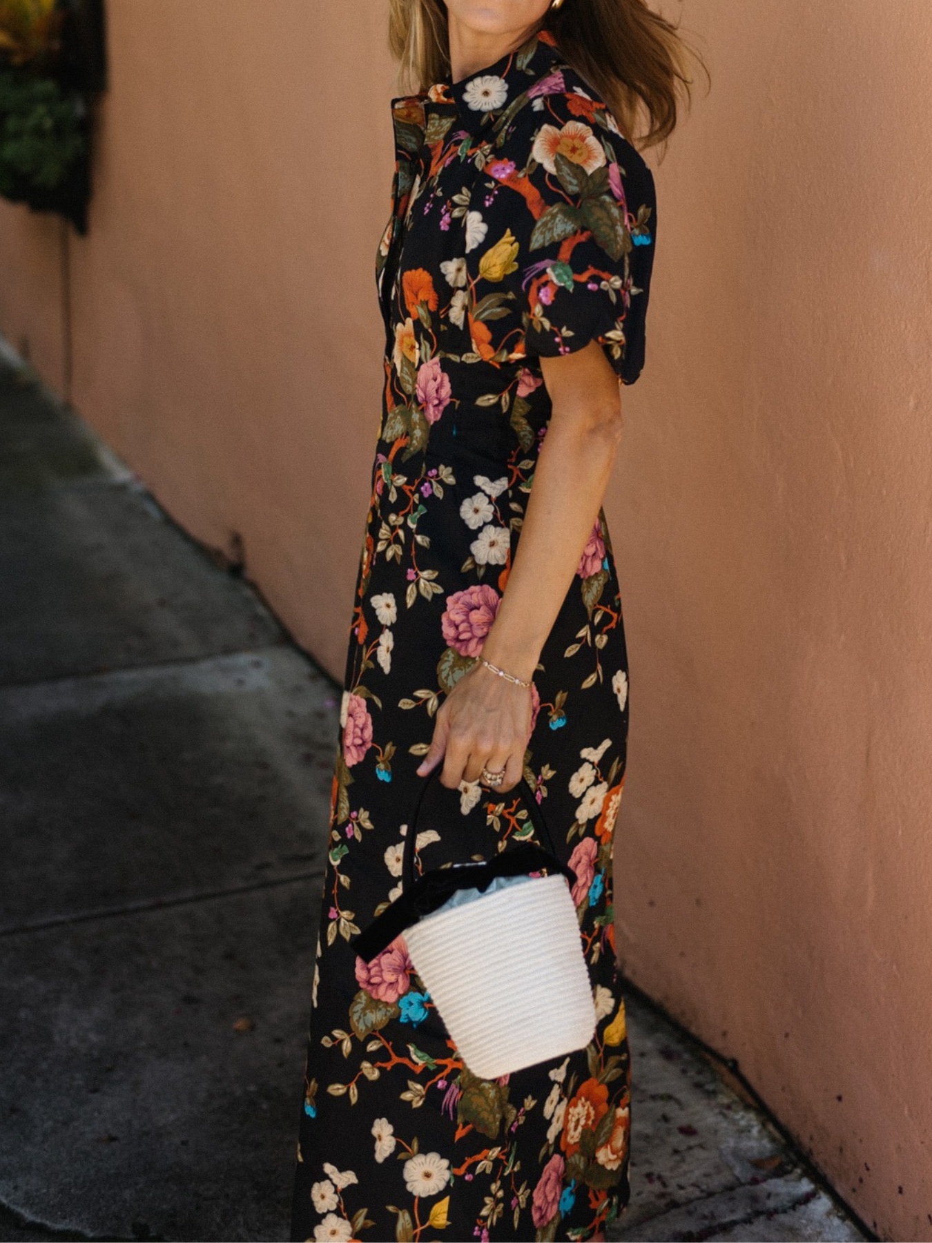 Bubble Short Sleeve Waisted Floral Midi Dress