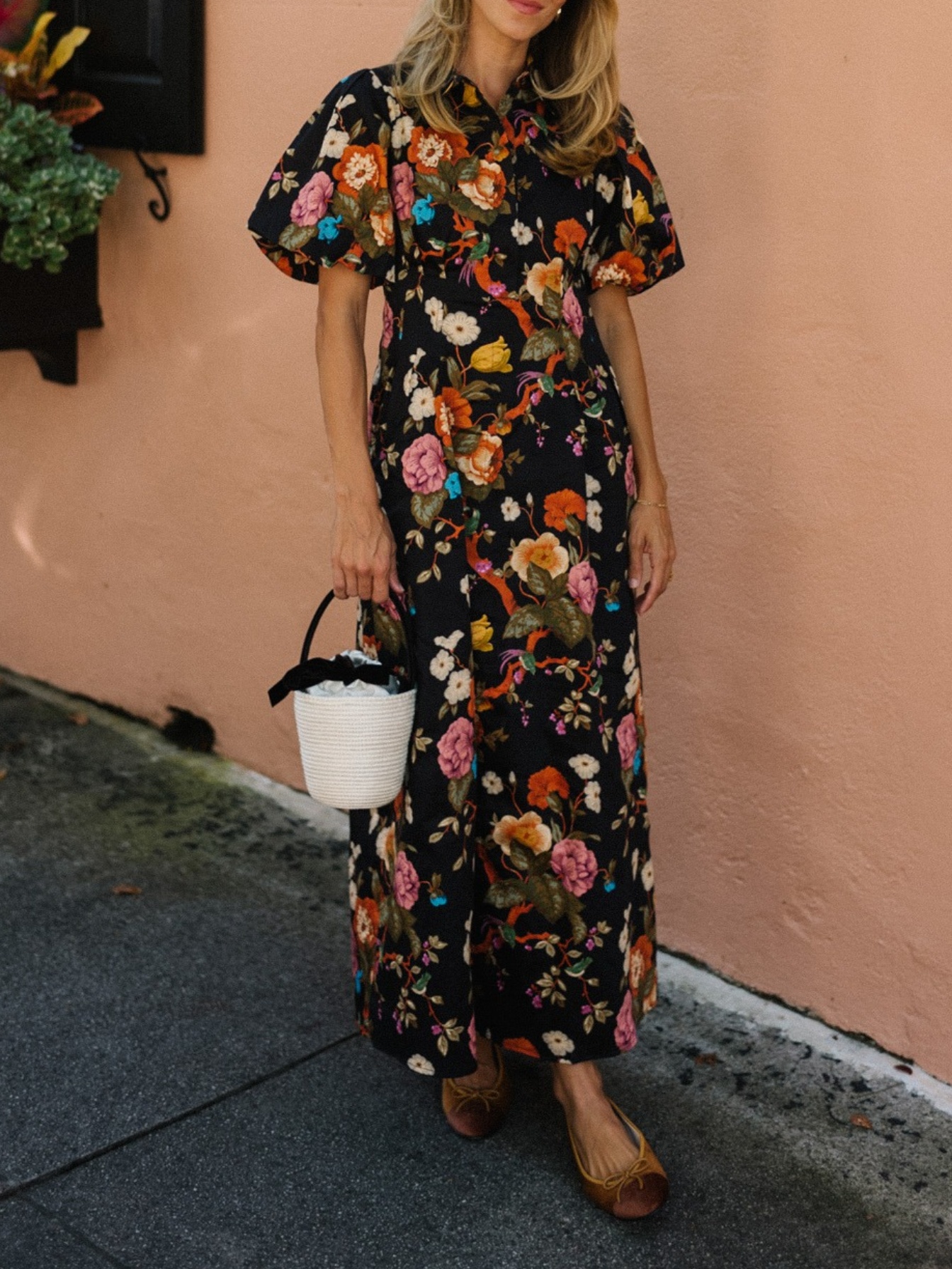 Bubble Short Sleeve Waisted Floral Midi Dress