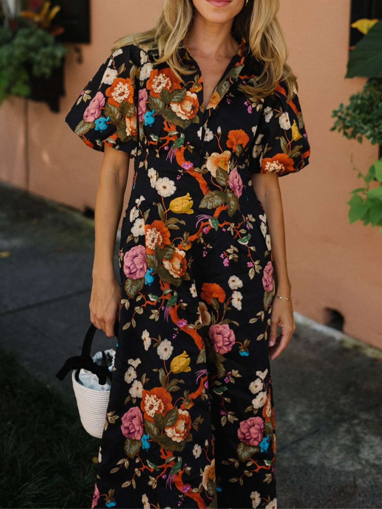Bubble Short Sleeve Waisted Floral Midi Dress