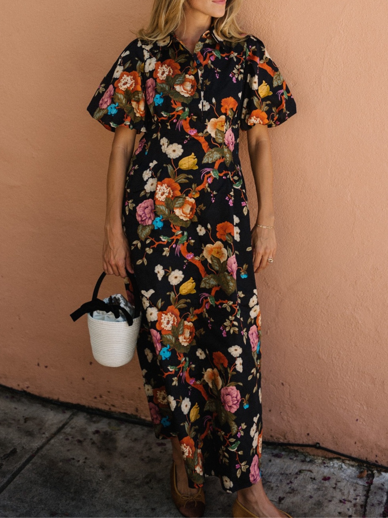Bubble Short Sleeve Waisted Floral Midi Dress