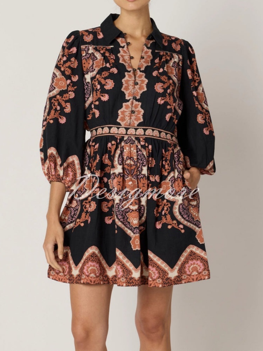 Black Brown Printed Button Front Short Dress