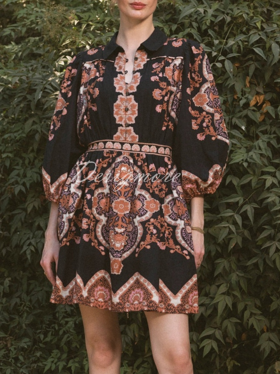 Black Brown Printed Button Front Short Dress