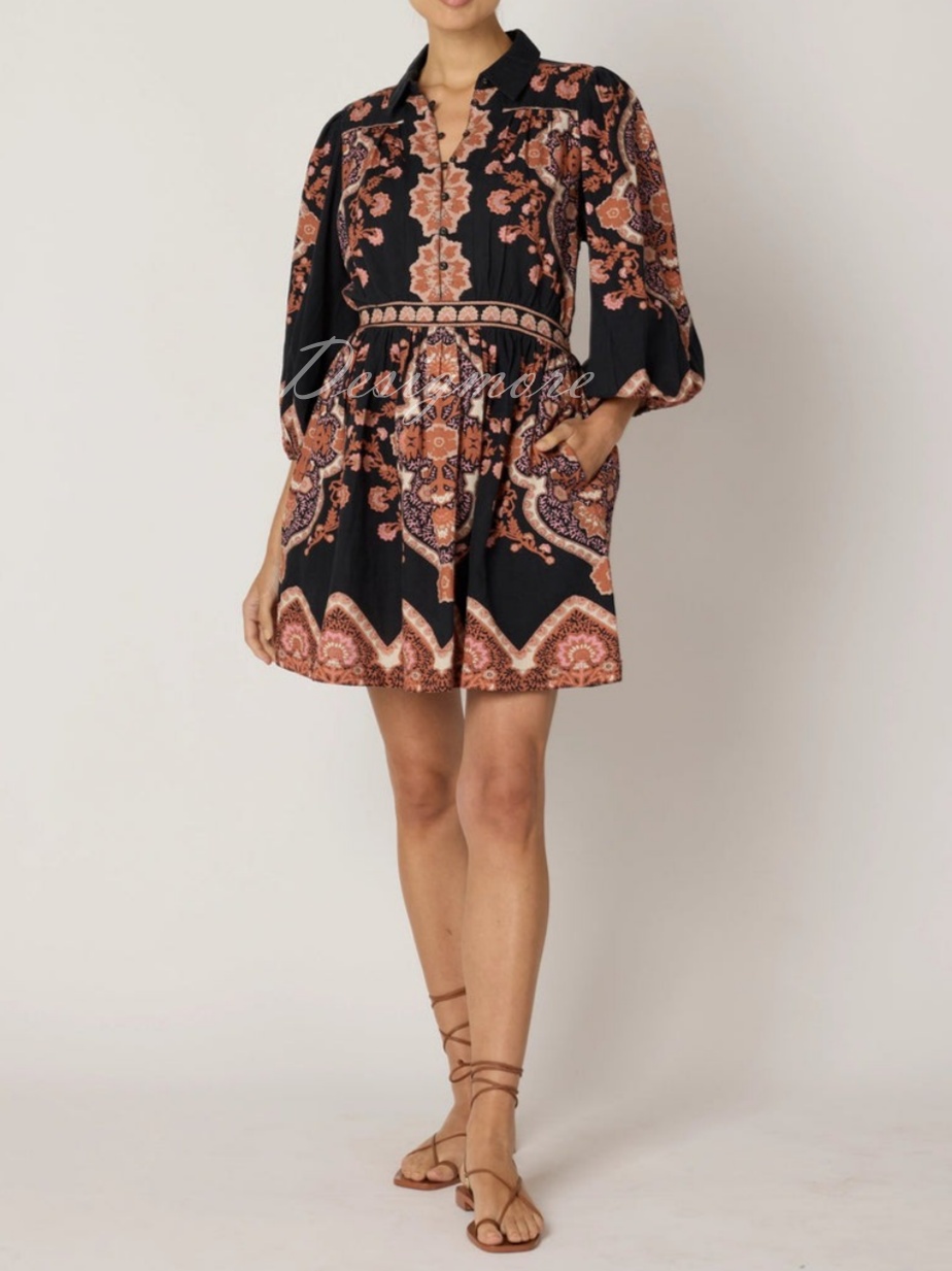 Black Brown Printed Button Front Short Dress