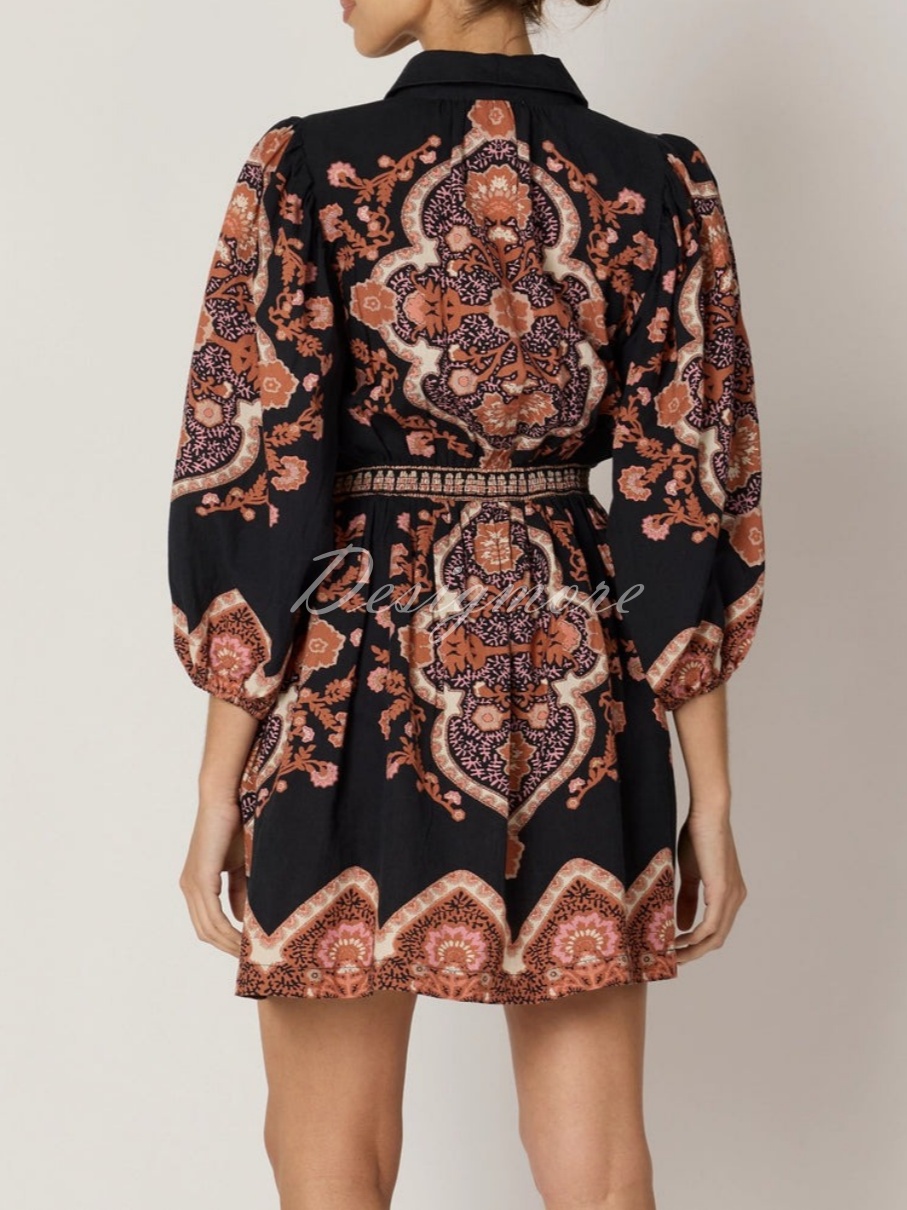 Black Brown Printed Button Front Short Dress