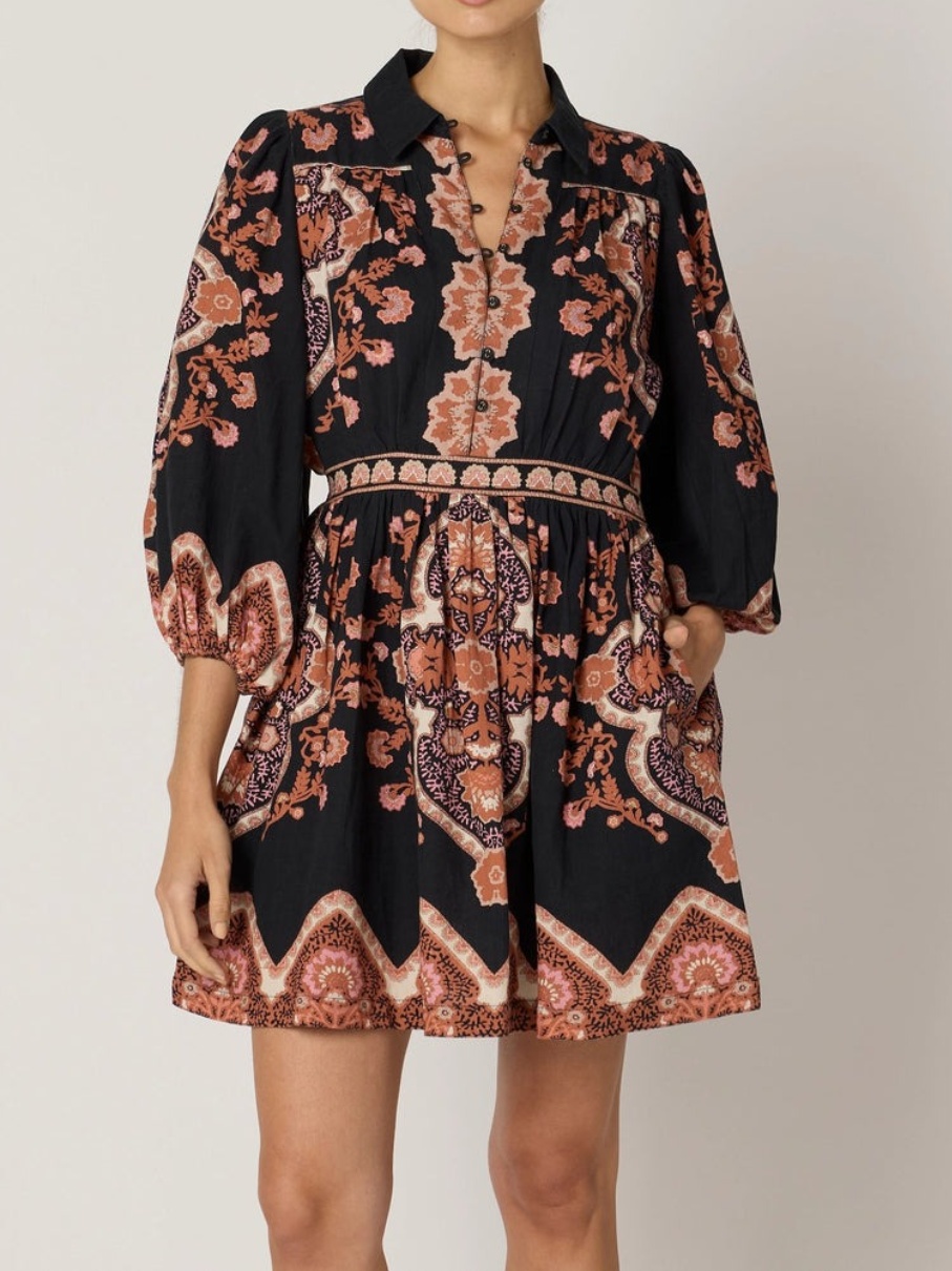 Black Brown Printed Button Front Short Dress