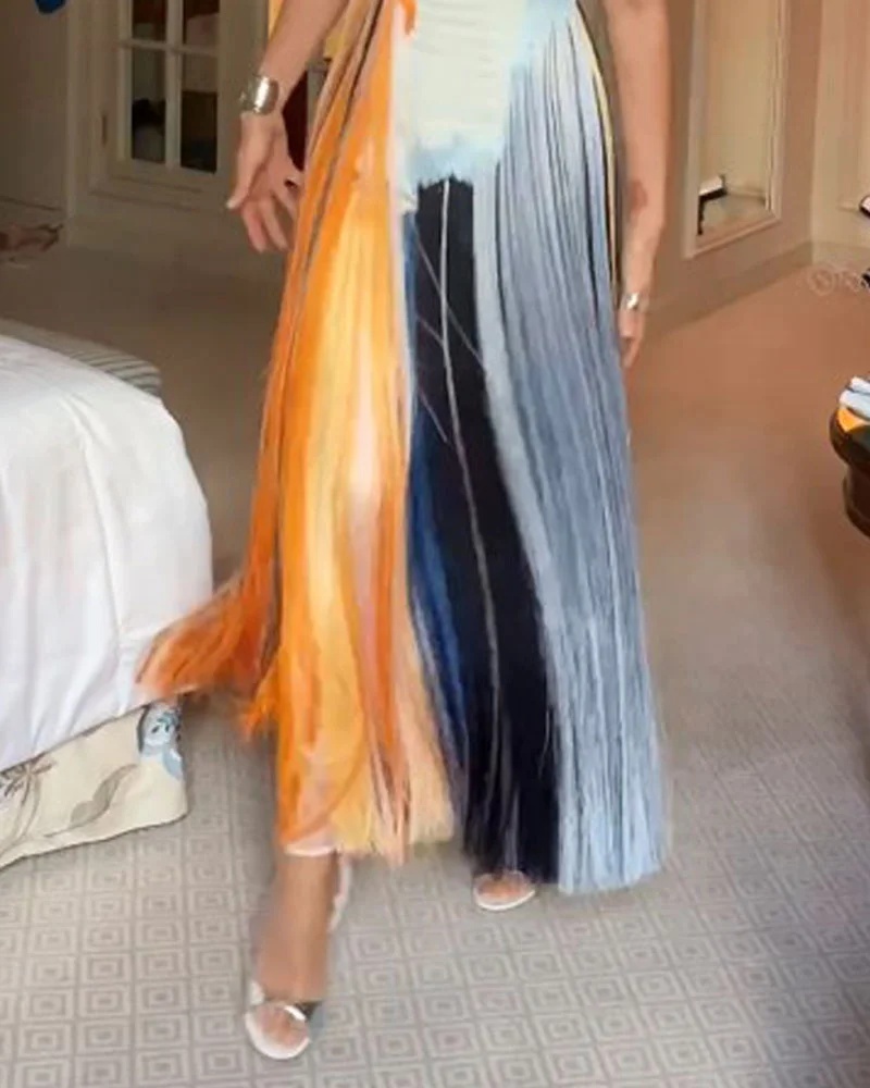 Sleeveless Waist Multicolor Fringe Maxi Dress