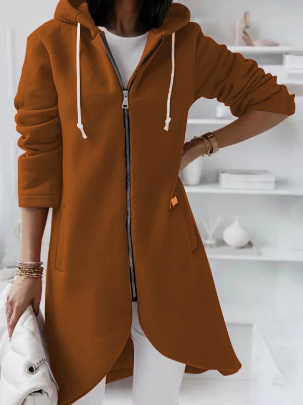 Solid Color Zip Up Hooded Coat