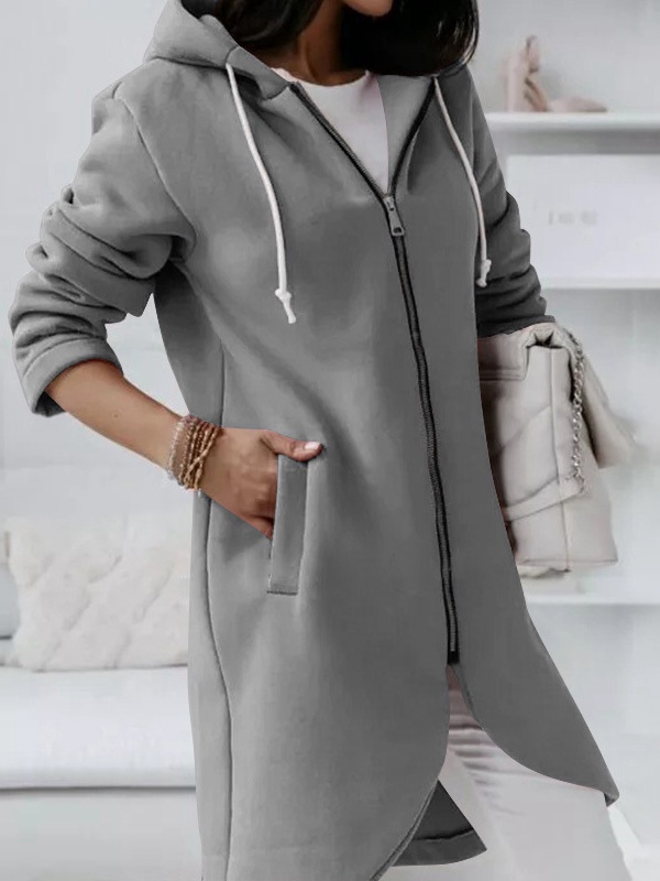 Solid Color Zip Up Hooded Coat