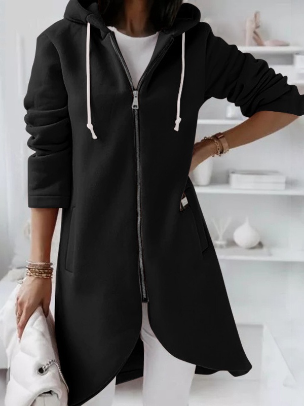 Solid Color Zip Up Hooded Coat