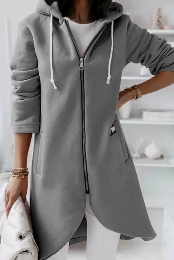 Solid Color Zip Up Hooded Coat