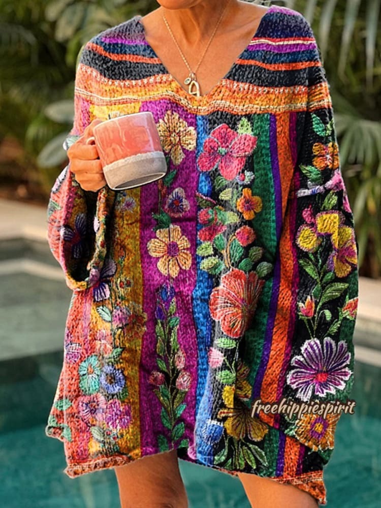 Floral Pattern Casual V Neck Pullover Sweater